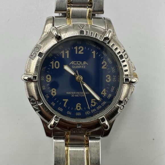 Acqua Watch Men Silver Gold Two Tone Blue Dial Water Resistant New Battery 6.75" - Picture 1 of 9